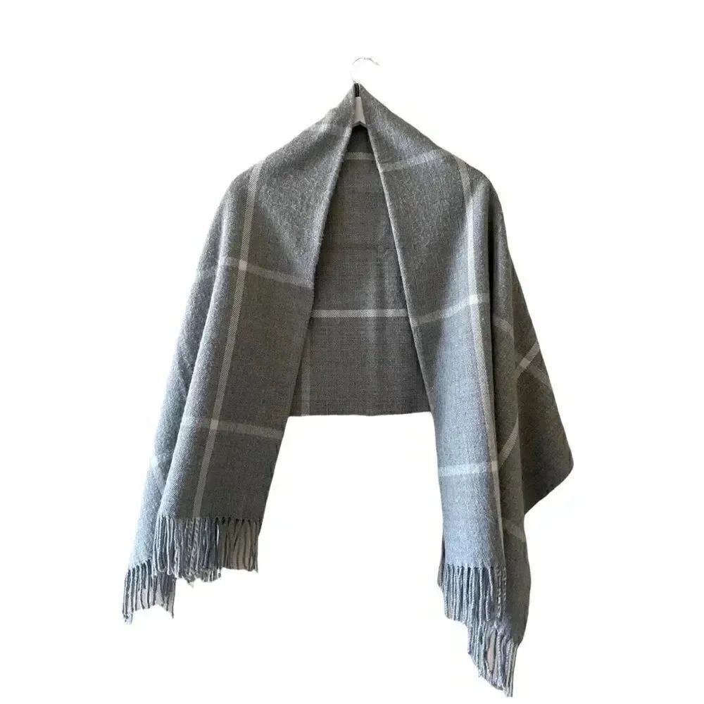 Jcrew Gray Oversized Plaid Blanket Scarf Fringe Throw
